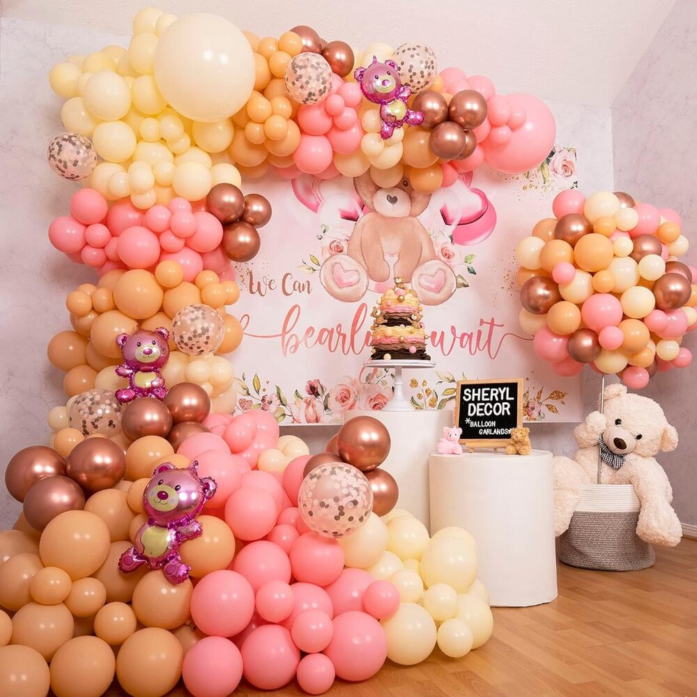 100pc EASY DIY – Teddy Bear Boho Balloon Garland & Arch Kit for Baby Girl Theme